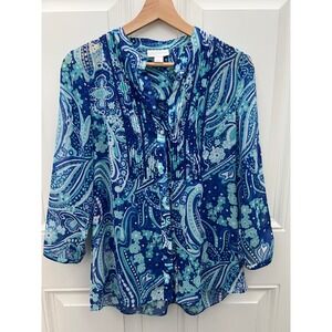 Charter Club Blue Paisley Pintuck Button Down Blouse 3/4 Sleeve Top Small